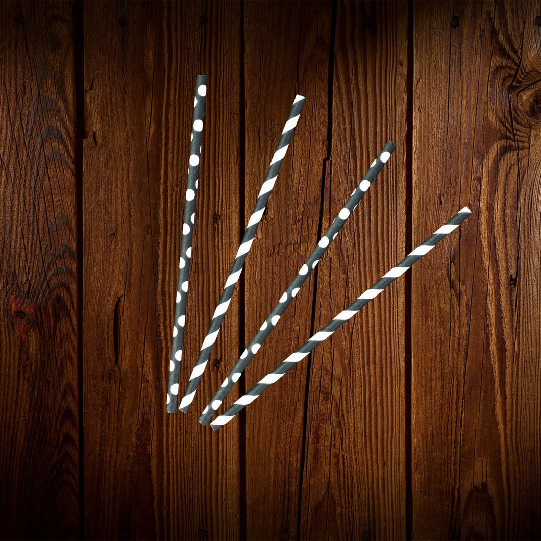 Pajillas de papel. Diseño puntos rayas blanco y negro. 15 Unid.