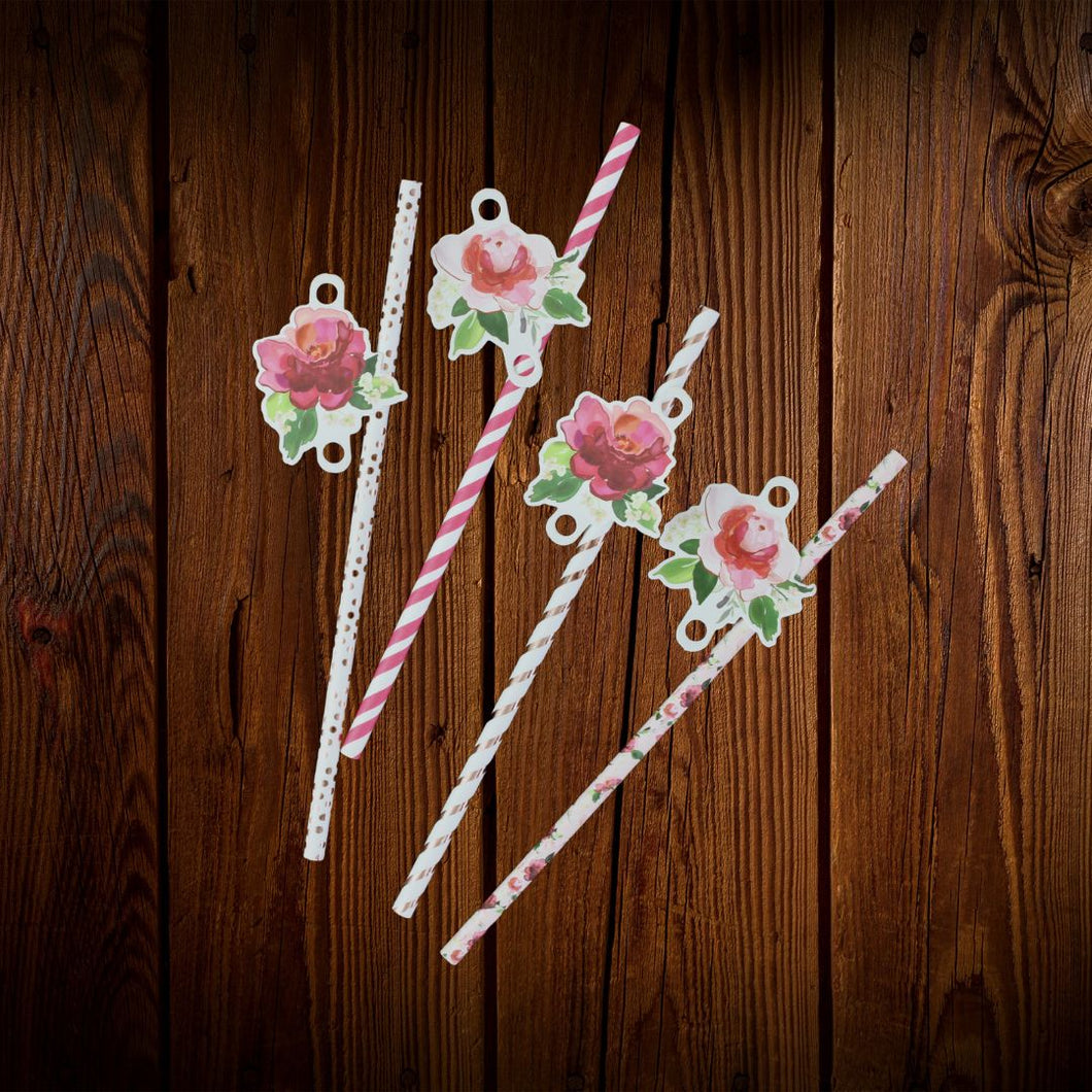 Pajillas de papel con topper. Diseño rosas fucsia. 10 Unid.