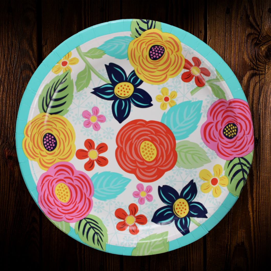 Flores de colores borde turquesa. Plato Principal 10.25 pulgadas. 8 Unid.