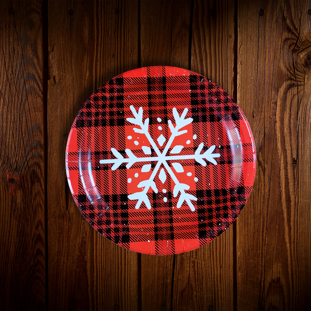 Copos de nieve. Rojo, blanco y negro. Plato Postre 7 pulg. 8 Unid.