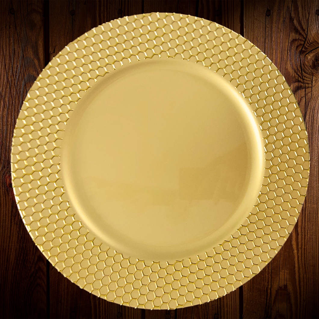 Plato base plastico diseño panal. Dorado. Unidad