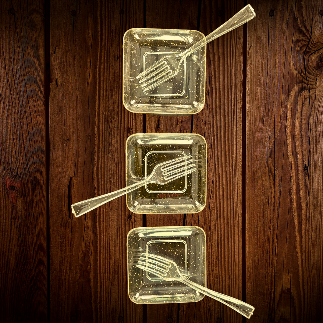 Mini plato cuadrado plano/mini tenedor. Clear con destellos. Unidad.