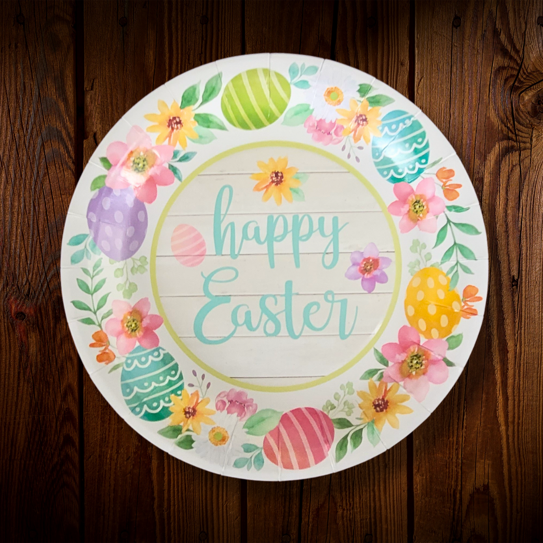 Happy Easter. Huevos y flores. Plato Principal 9 Pulg. 12 Unid.