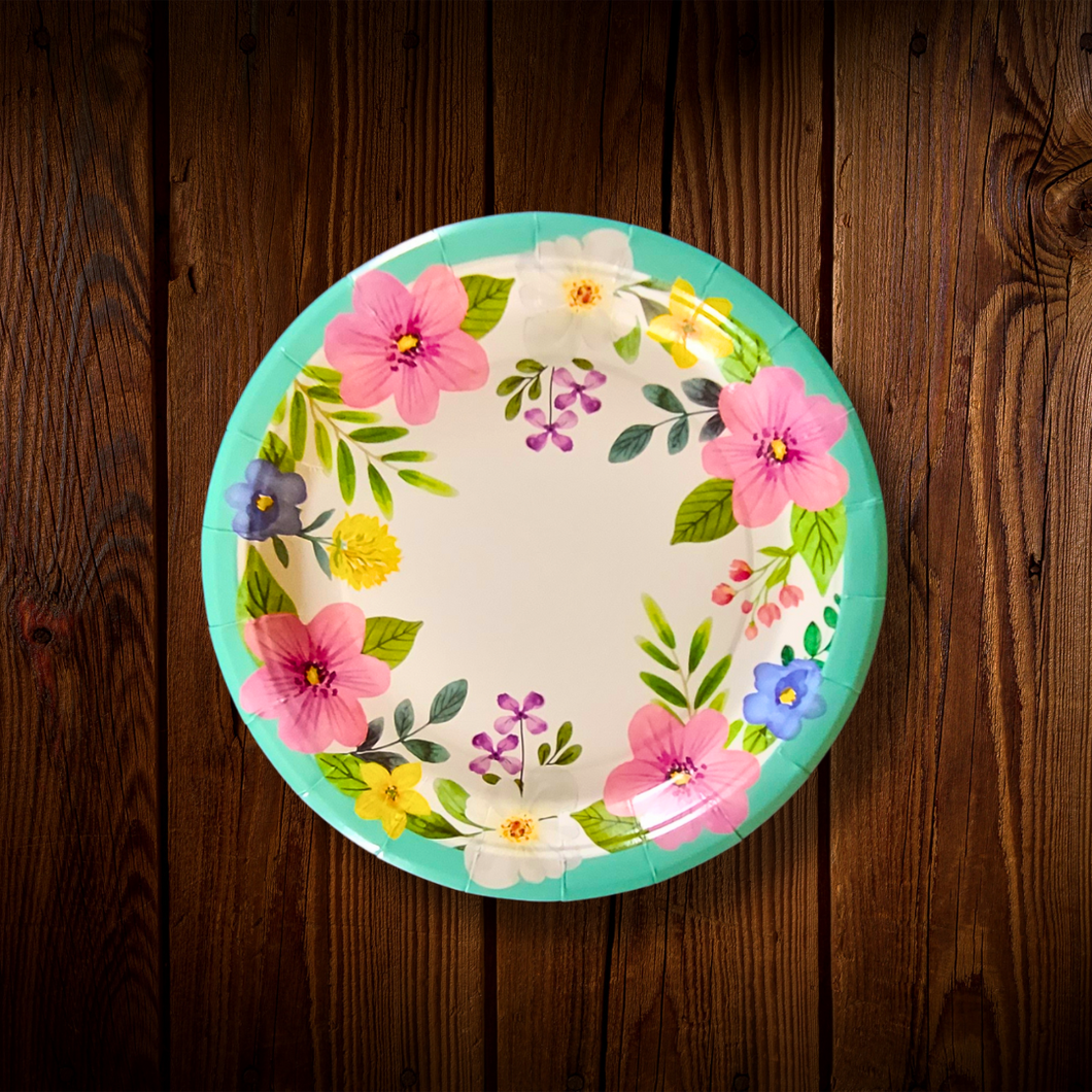Flores con borde aqua. Plato para postre. 7 pulg. 12 Unid.