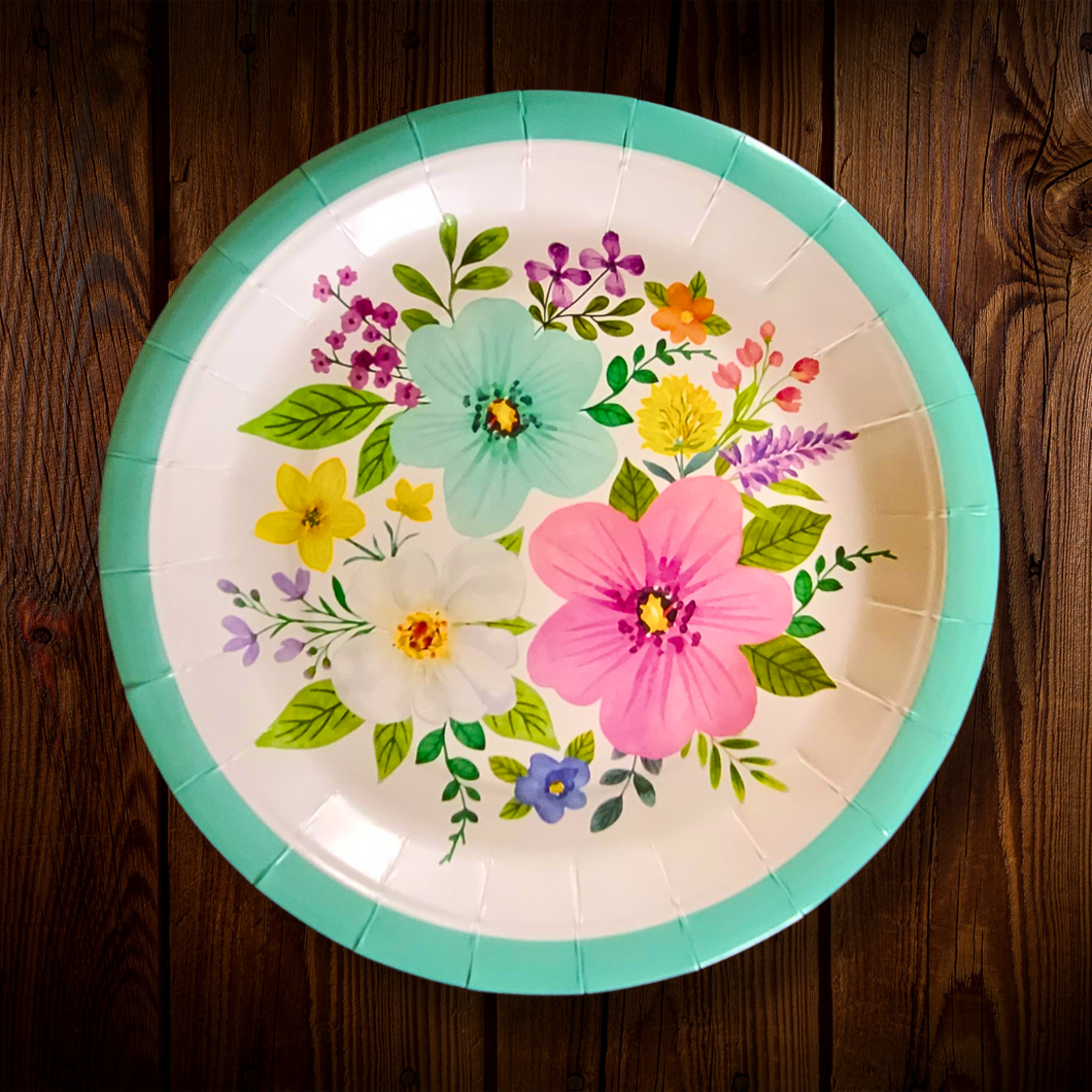 Flores con borde aqua. Plato principal. 9 pulg. 12 Unid.