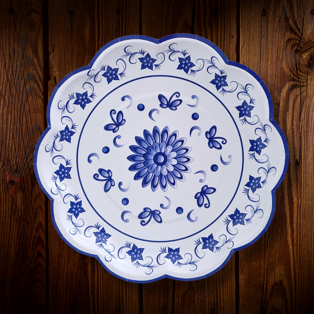 Blanco con diseño azul. Plato principal. 9 pulg. 10 Unid.