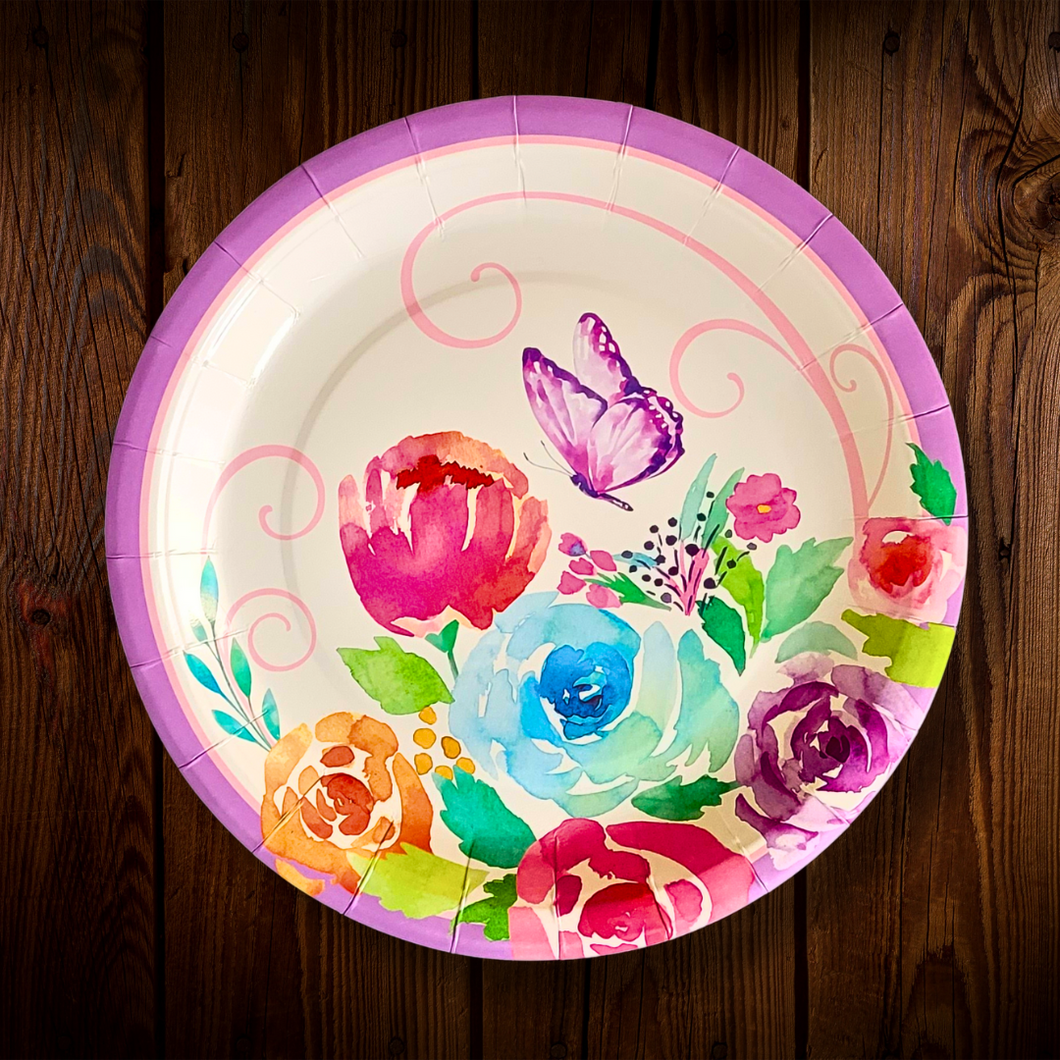 Flores y mariposa. Plato principal. 9 pulg. 10 Unid.