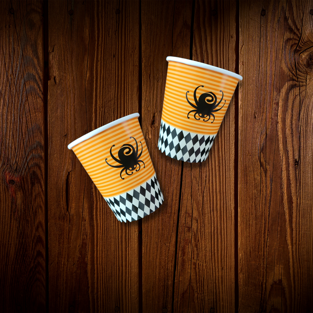 Orange and black spider. Vaso de Cartón 9 onz. 10 Unidades