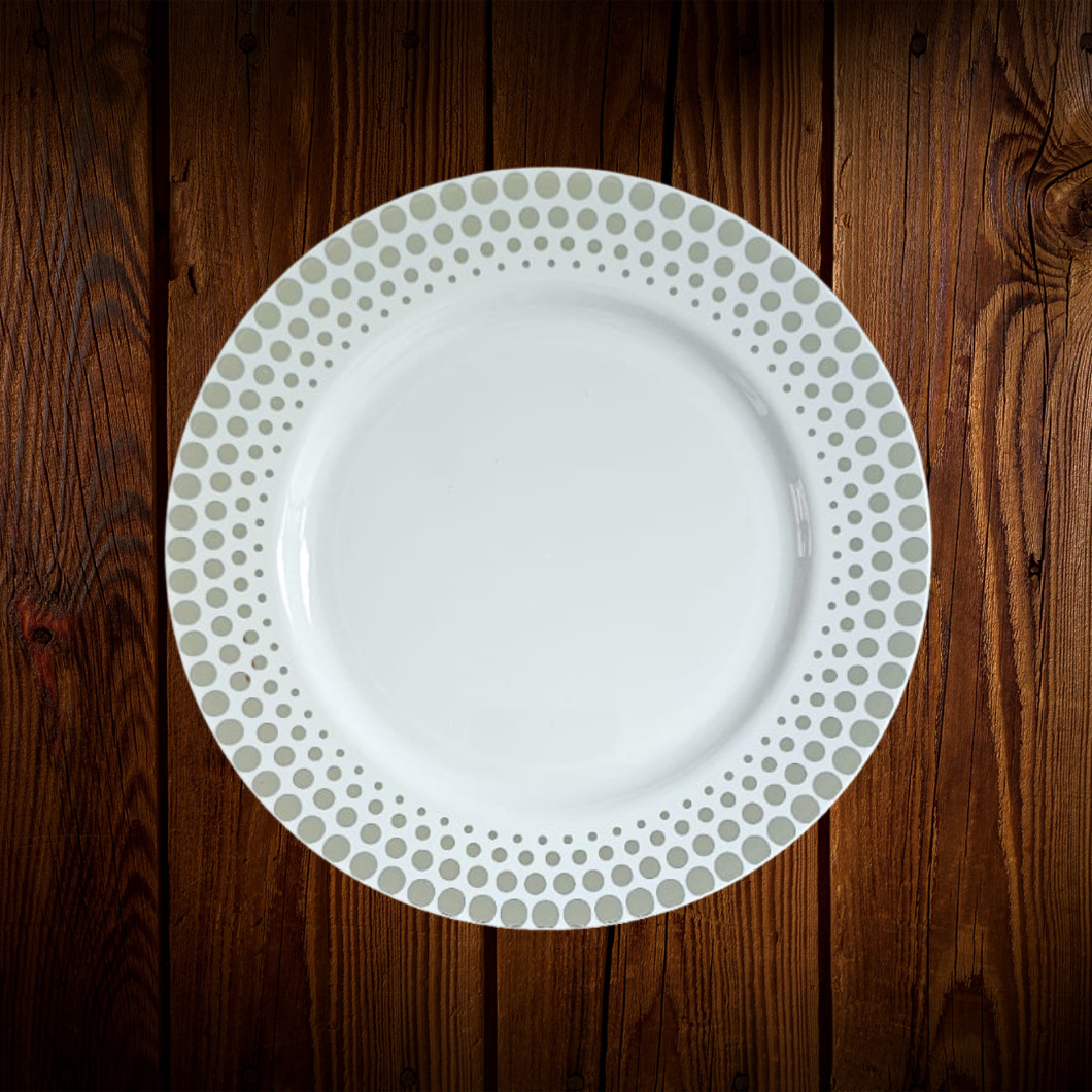 Set Blanco borde puntos plateados. Plato para postre. 6 Unidades. ULTIMO SET