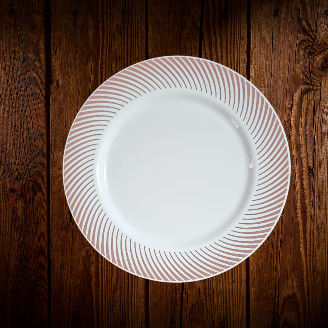 Set Blanco borde rayas rose gold. Plato postre. 8 Unidades. ULTIMO SET