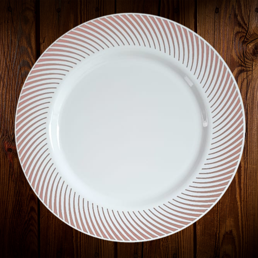 Set Blanco borde rayas rose gold. Plato Principal. 8 Unidades. ULTIMO SET