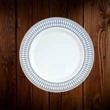 Cargar imagen en el visor de la galería, Blanco con diseño azul y plateado. Plato Postre. Unidad

