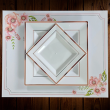 Cargar imagen en el visor de la galería, Blanco cuadrado borde rose gold. Plato Postre. Unidad
