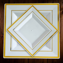 Cargar imagen en el visor de la galería, Blanco cuadrado borde dorado. Plato Postre. Unidad.
