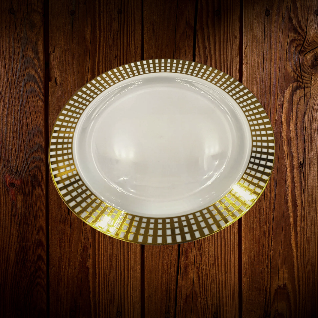 Blanco borde cuadros dorados. Plato Postre. 8 Unid. ULTIMO SET