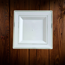 Cargar imagen en el visor de la galería, Blanco cuadrado borde plateado. Plato Postre. Unidad
