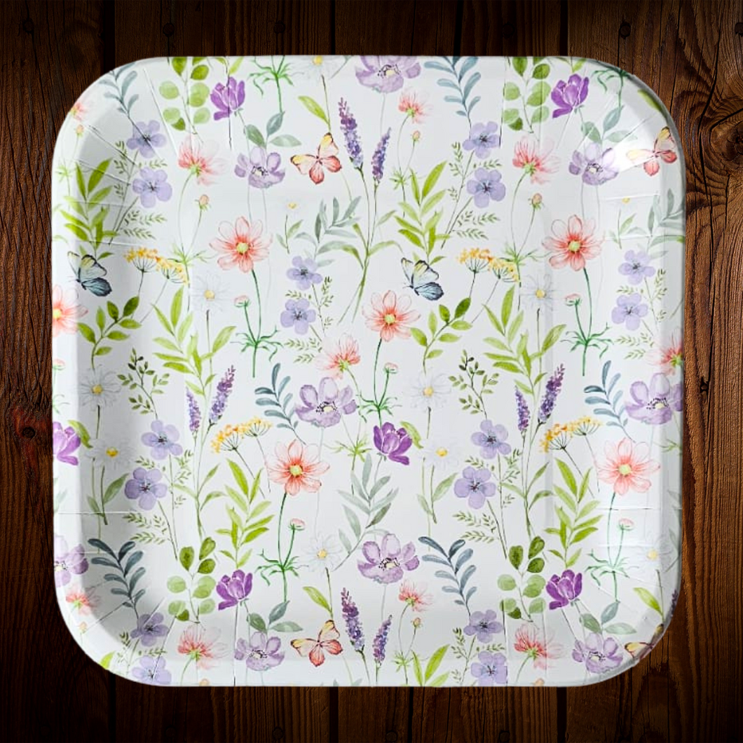 Flores y mariposas. Plato principal cuadrado. 9 pulg. 14 Unid.