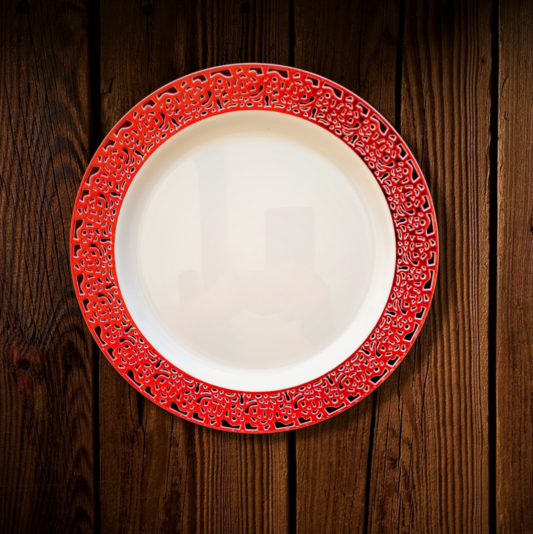 Colores. Blanco borde rojo. Plato Postre. 7 Unid. UNICO SET