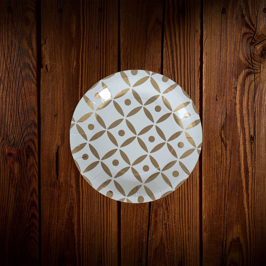 Geometrico Blanco-Dorado. Plato postre. 8 Unid.