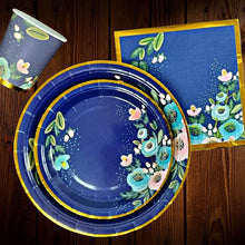 Cargar imagen en el visor de la galería, Azul con flores rosa. Plato para postre. 8 Unidades
