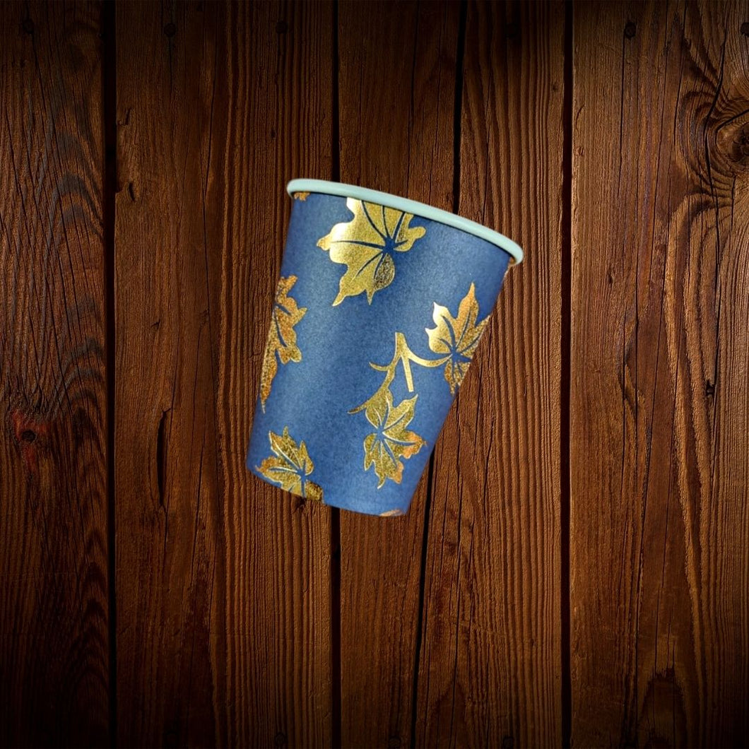 Vaso de cartón. Azul con hojas doradas. 10 Unid.