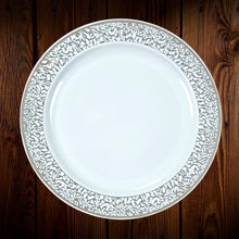 Cargar imagen en el visor de la galería, Set Blanco borde plateado calado. Plato Principal. 5 Unidades.ULTIMO SET
