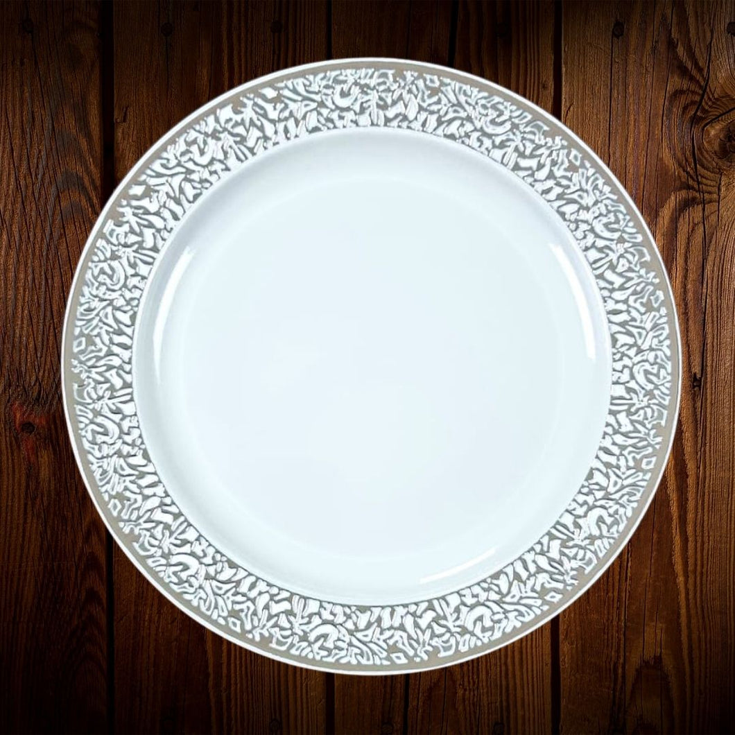 Set Blanco borde plateado calado. Plato Principal. 5 Unidades.ULTIMO SET