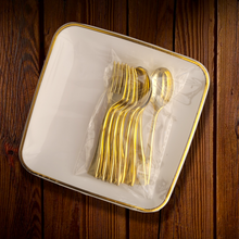 Cargar imagen en el visor de la galería, Plato Aperitivo o Postre borde metálico con mini cubiertos. Unidad
